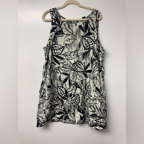 Tahari 100% Linen Black White Leaf Print Sleeveless Tunic Dress Women’s 2X - Picture 1 of 8